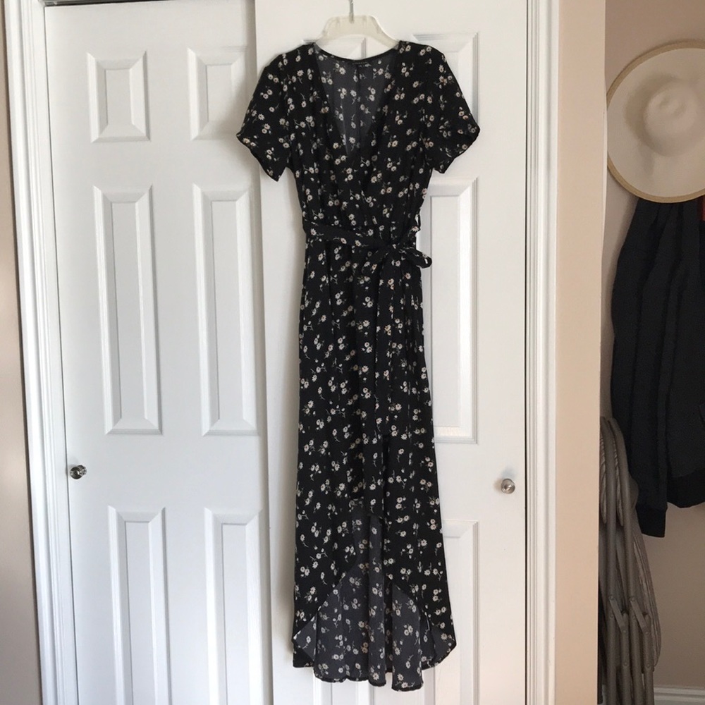 High-Low Faux-Wrap Black Floral Dress